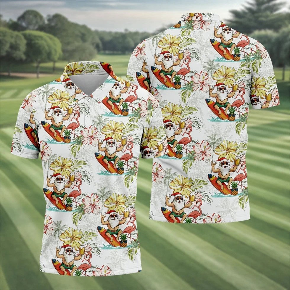 Surfing Santa Hawaiian Golf Shirt, Fun Men's Golf Polos, Christmas Golf Shirt, Golf Gift For Men