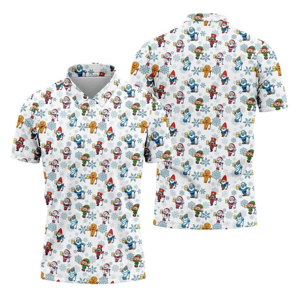Christmas Characters Golf And Beer White Men's Funny Golf Shirts, Christmas Golf Shirt, Polo Shirts For Men