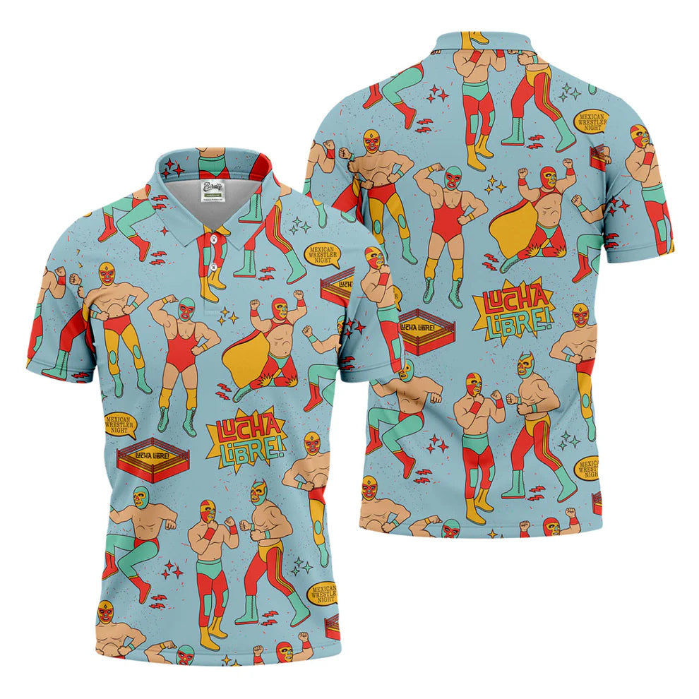 Blue Lucha Libre Mexican Wrestler Pattern Golf Shirt, Polo Shirts For Men, Golf Apparel For Men