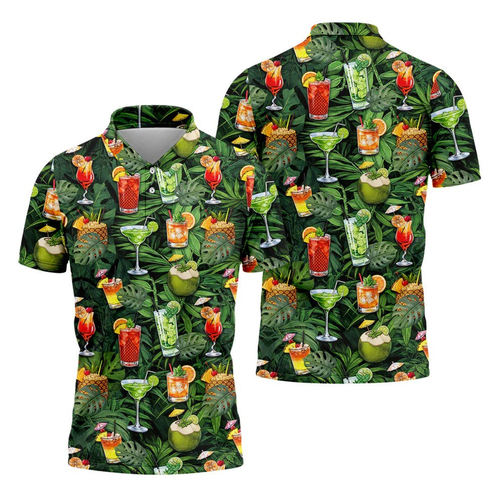 Tropical Cocktail Coconut And Palm Leaf Golf Polo, Hawaiian Golf Shirt, Mens Golf Apparel