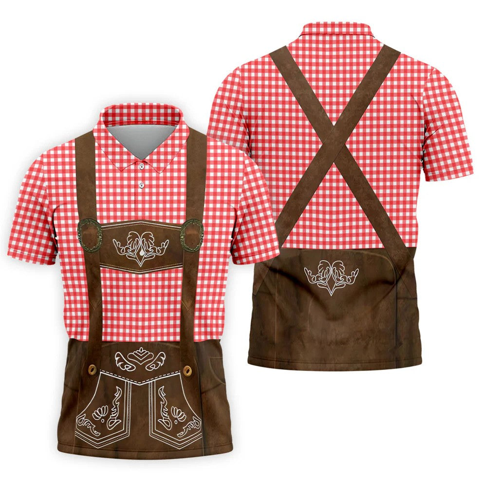 Red Oktoberfest Lederhosen Illusion Sleeveless Golf Polo, Mens Golf Polo, Printed Golf Shirts