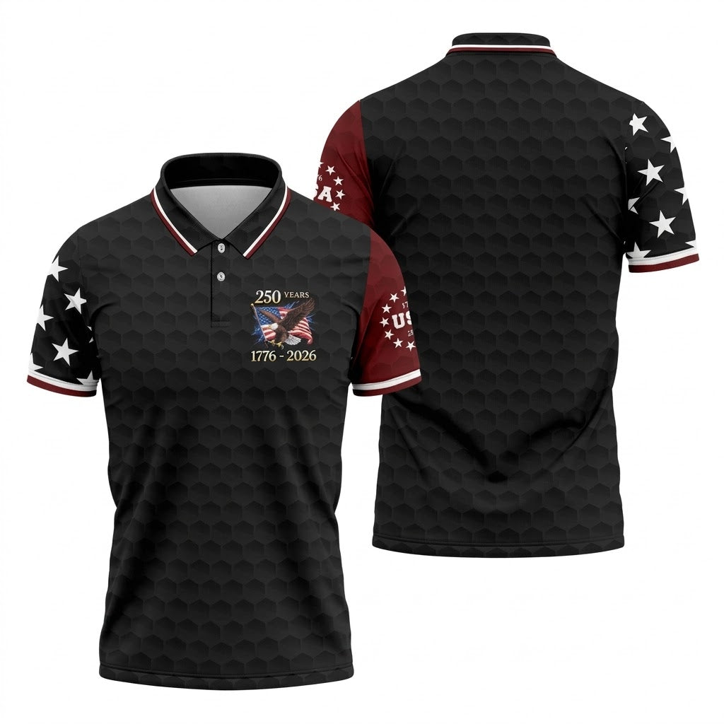 250 Years Bald Eagle US Flag Golf Shirt, Patriotic 4th Of July Golf Ball Pattern Golf Shirts For Men