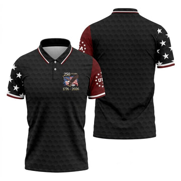 250 Years Bald Eagle US Flag Golf Shirt, Patriotic 4th Of July Golf Ball Pattern Golf Shirts For Men