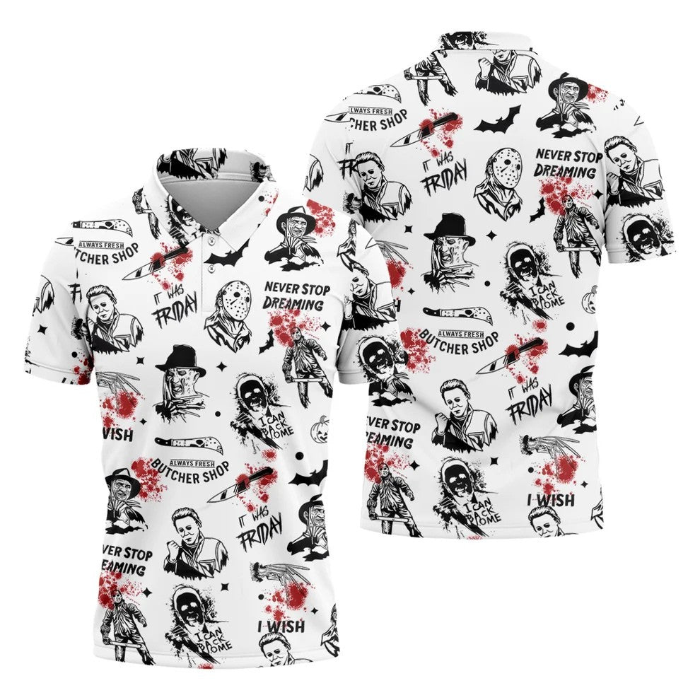 Horror Halloween Character White Golf Shirt, Fun Golf Shirts For Men, Horror Movie Shirt