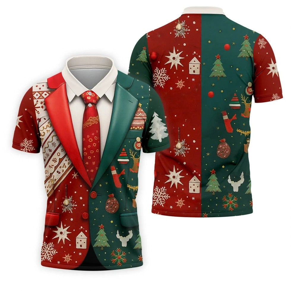 Red And Green Xmas Vintage Prints Men's Golf Polo Shirts, Christmas Golf Shirt, Golf Gift For Men