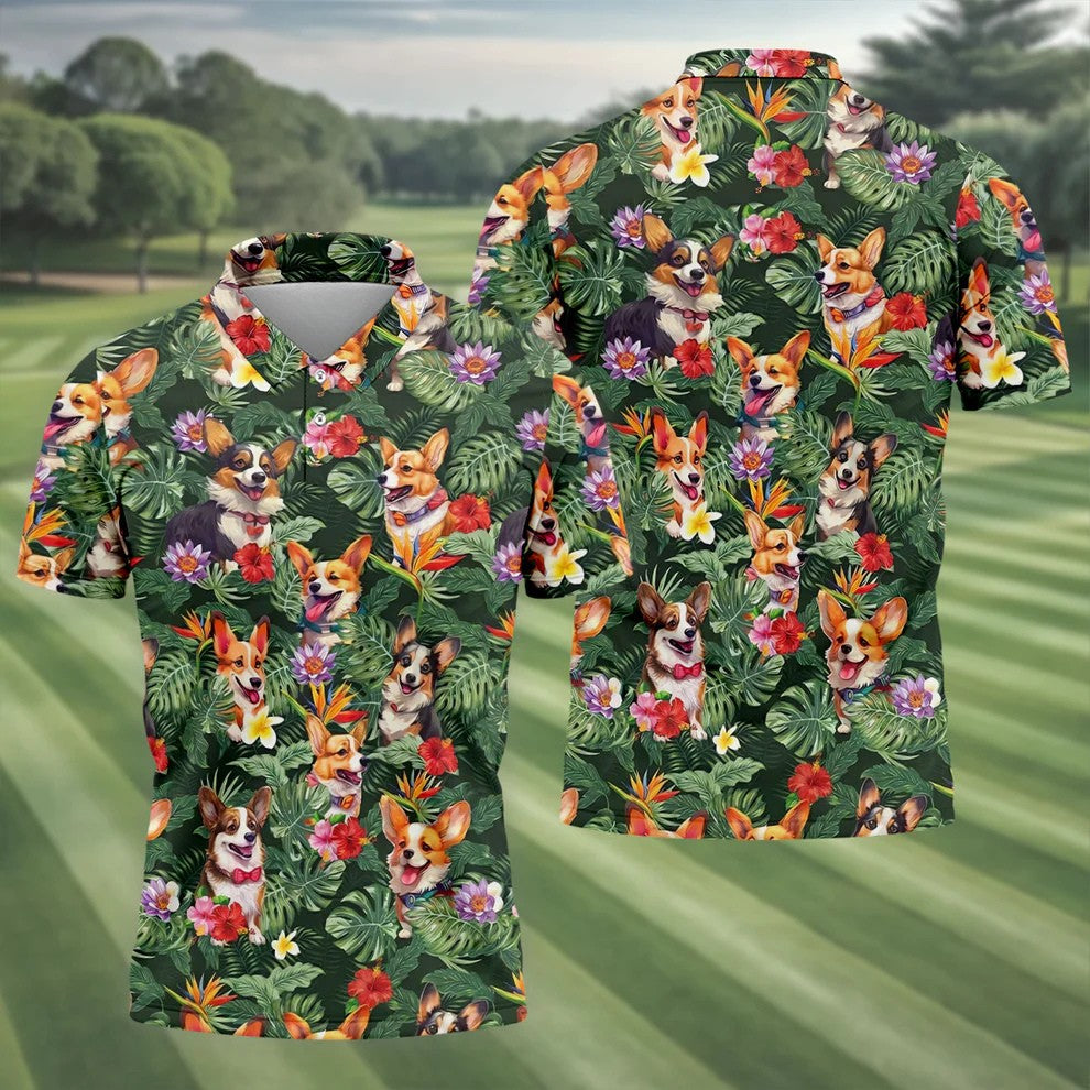 Tropical Corgi Dog Hawaiian Golf Polo Shirt, Hawaiian Golf Shirt, Golf Shirts For Men