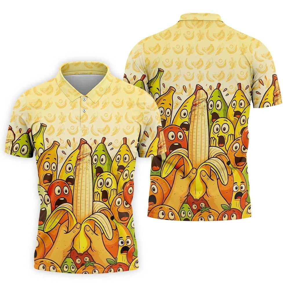 Funny Banana Fruit Cartoon Pattern Polo Shirt, Mens Golf Polo, Golf Shirts For Men