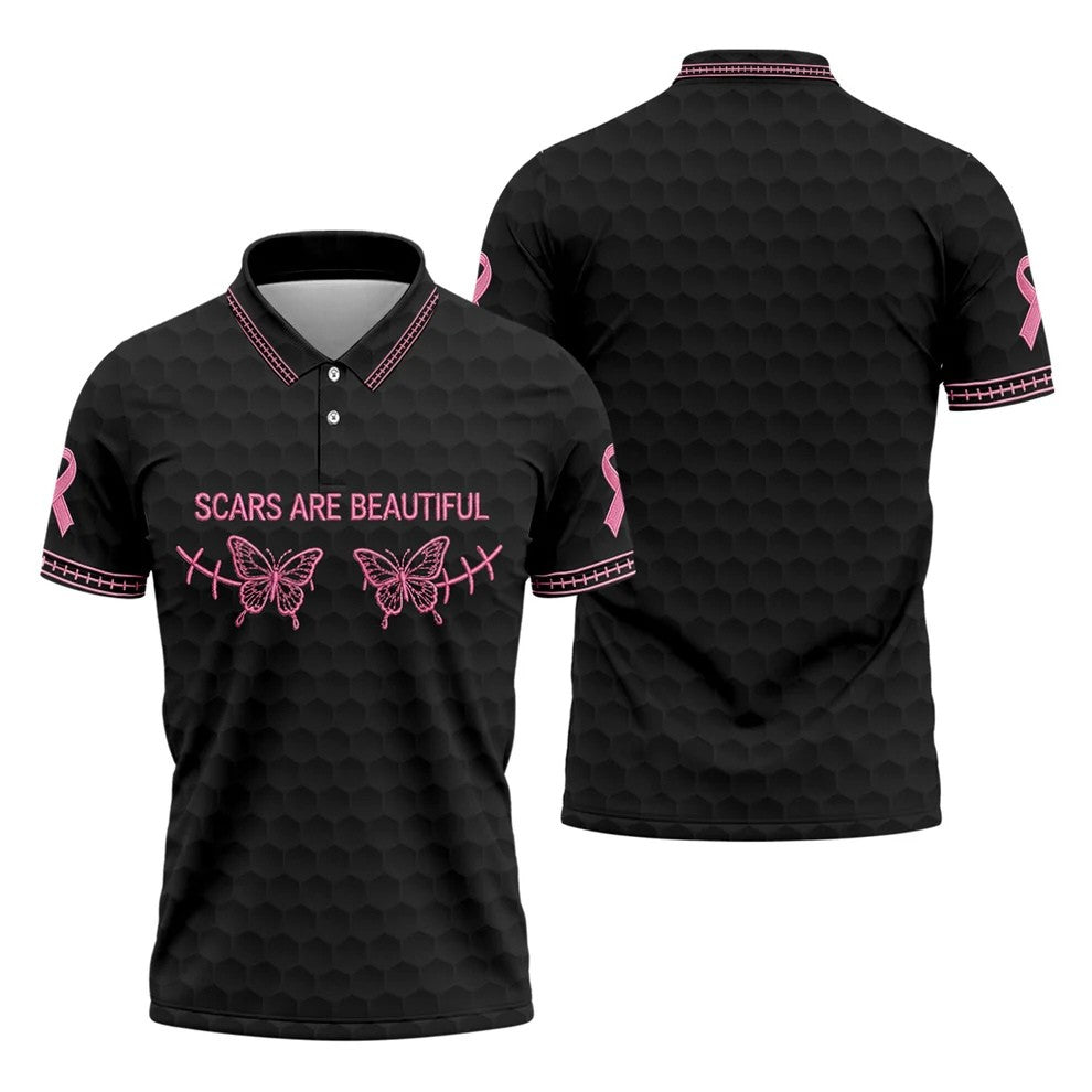Scars Are Beautiful Ribbon Breast Cancer Polo Shirt, Men's Golf Shirt, Mens Golf Polo