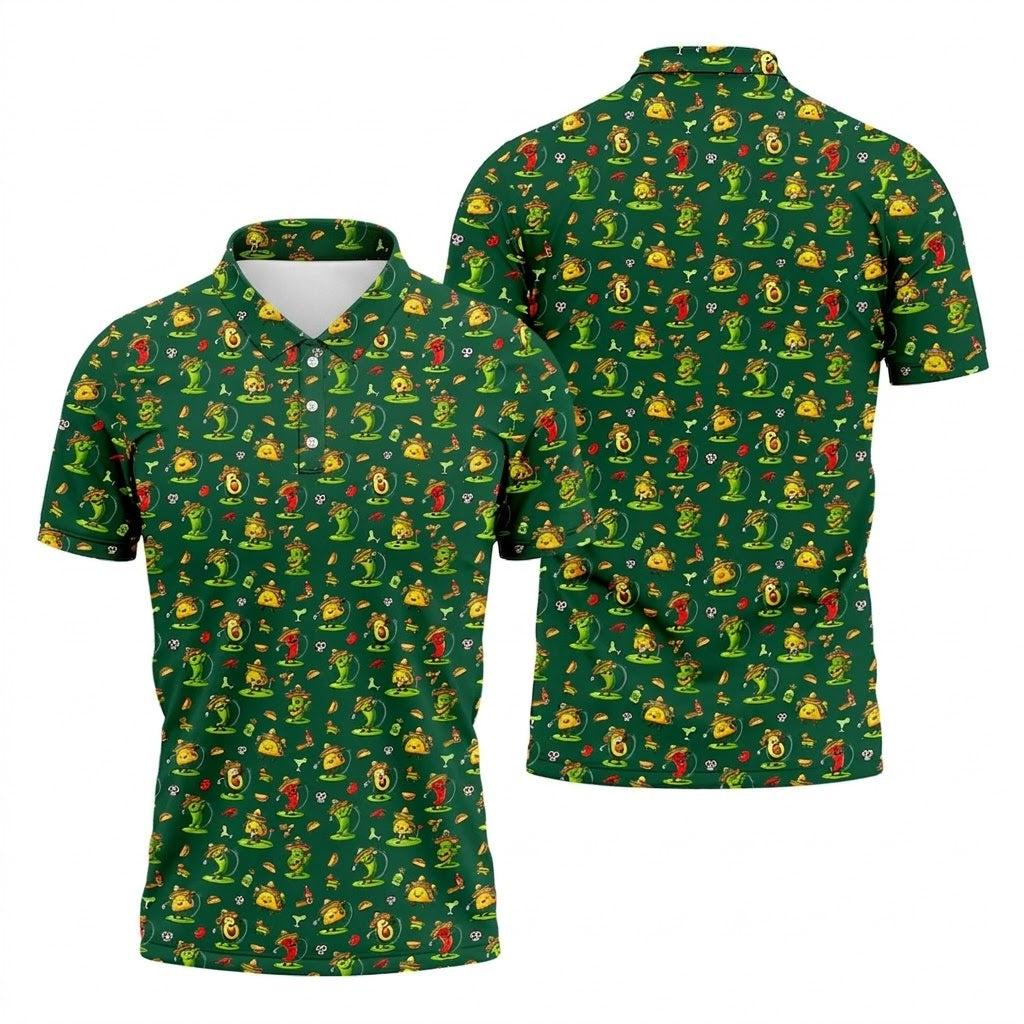 Mexican Cartoon Food Characters Cinco De Mayo Celebration Fiesta Themed Green Golf Shirts For Men