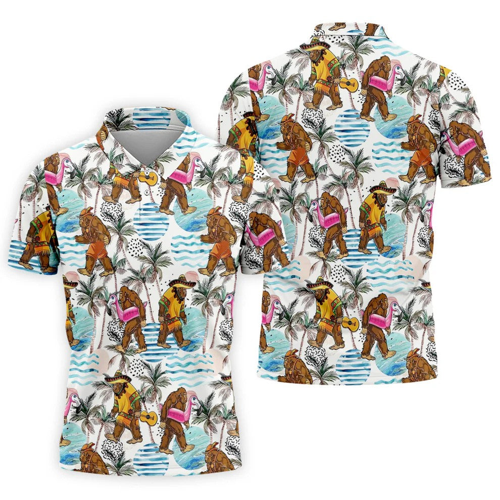 Bigfoot With Flamingo Float And Guitar Tropical Pattern Hawaiian Golf Polo, Golf Gift For Men, Golfing Apparel