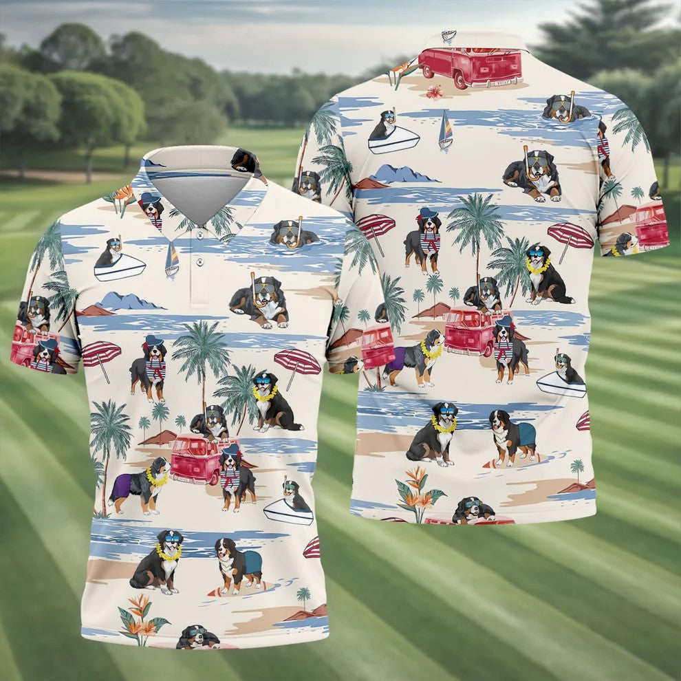 Tropical Bernese Mountain Dog Beach Hawaiian Golf Polo Shirt, Printed Golf Shirts, Golf Apparel For Men