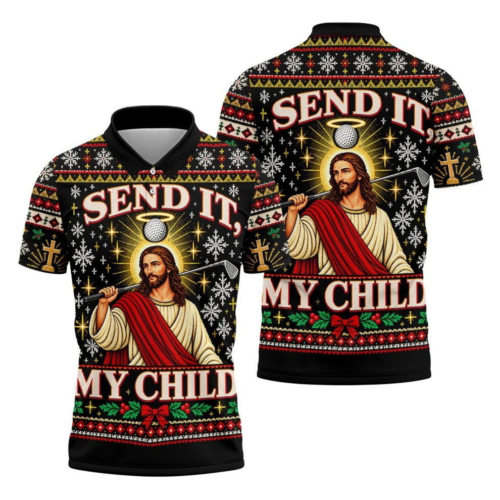 Send It Golf Halo Jesus Christmas Golf Shirt, Mens Golf Apparel, Golf Gifts For Men