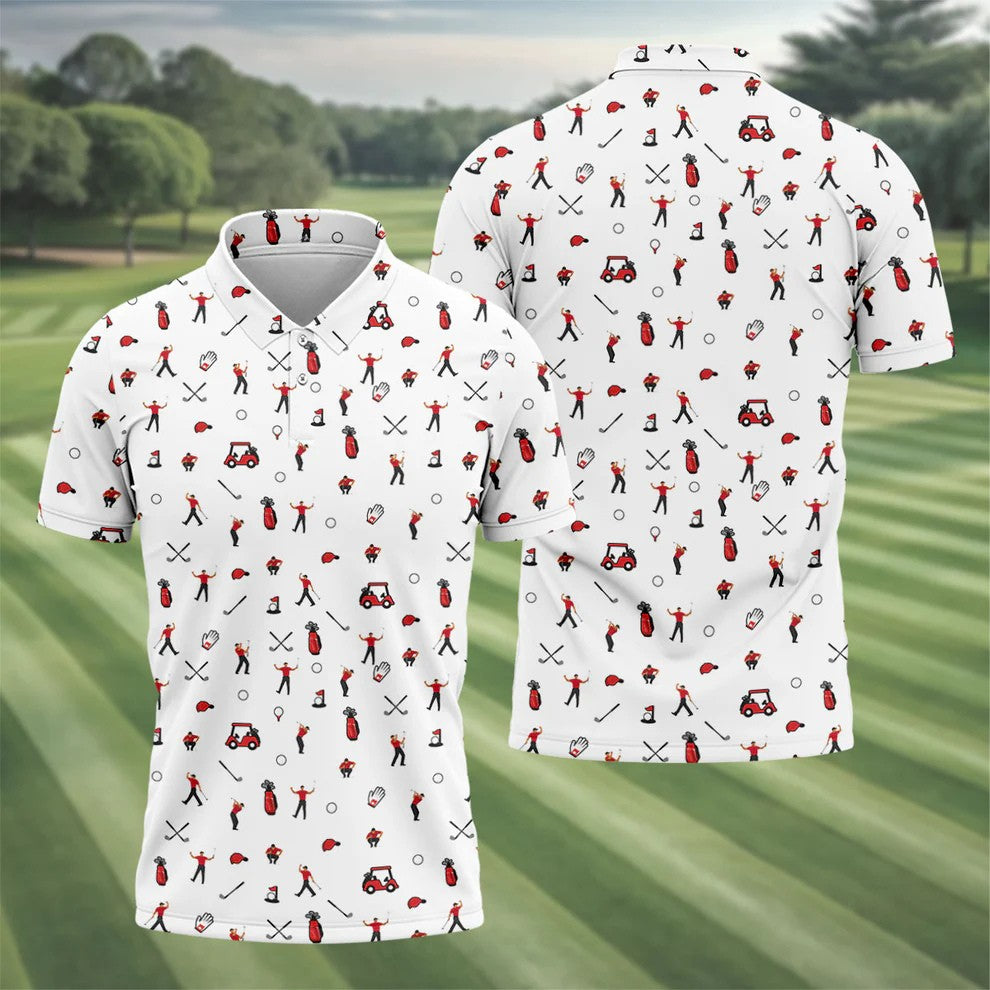 Golf Player Pattern Polo Shirt, Golf Polo Shirts For Men, Printed Golf Shirts