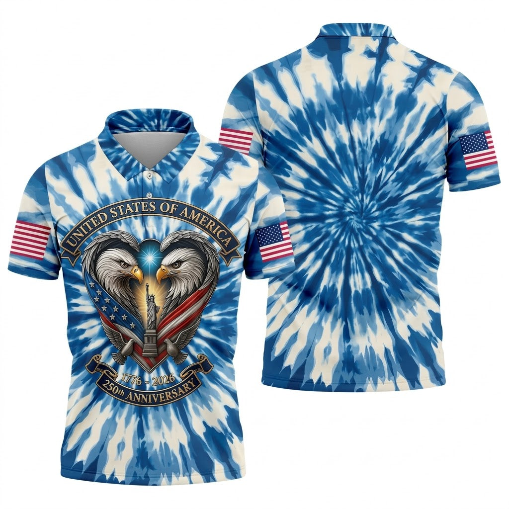 USA 250th Anniversary Tie Dye Print Bald Eagle Golf Shirt, Patriotic 4th Of July Golf Shirts For Men