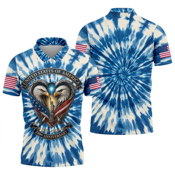 USA 250th Anniversary Tie Dye Print Bald Eagle Golf Shirt, Patriotic 4th Of July Golf Shirts For Men