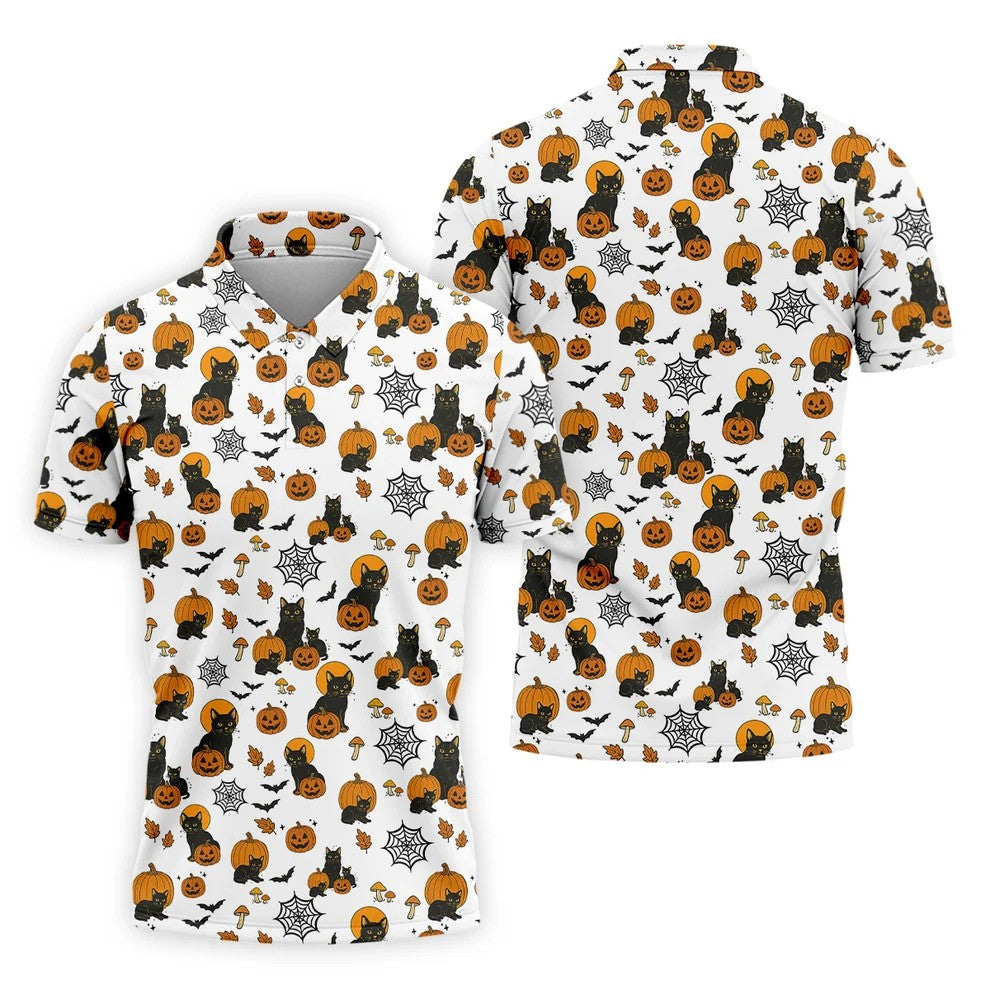 Halloween Cat Pumpkin Men Polo, Fun Golf Shirts For Men, Cool Golf Gifts, Golfing Apparel