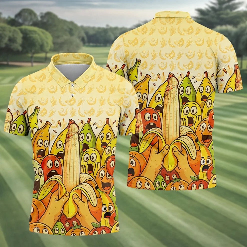 Funny Banana Fruit Cartoon Pattern Polo Shirt, Mens Golf Polo, Golf Shirts For Men