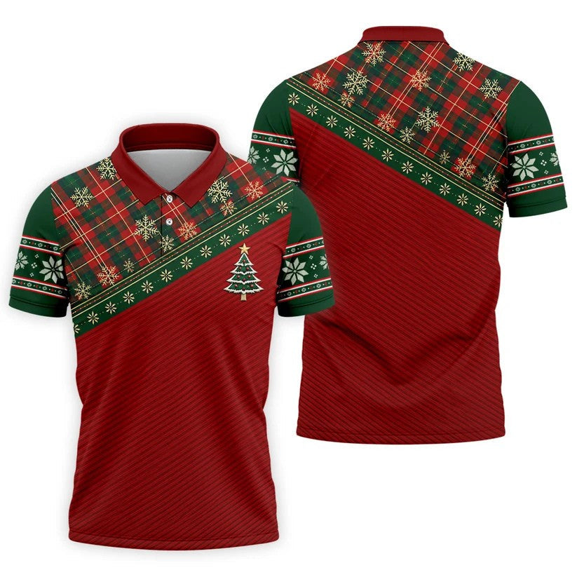 Red Plaid Tree Christmas Golf Shirt, Hawaiian Golf Shirt, Golf Polo Shirts For Men