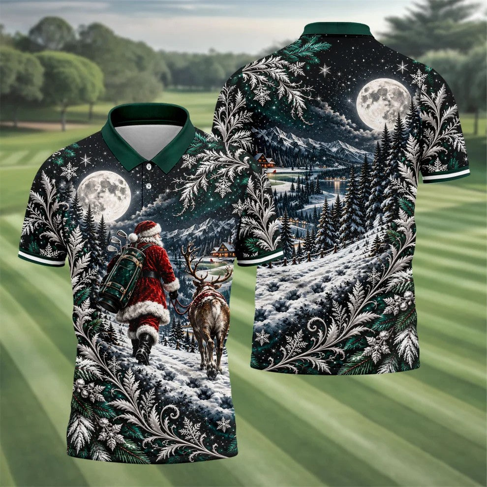 Moonlight Santa Reindeer Christmas Golf Shirt, Golf Shirts For Men, Golf Polo For Men