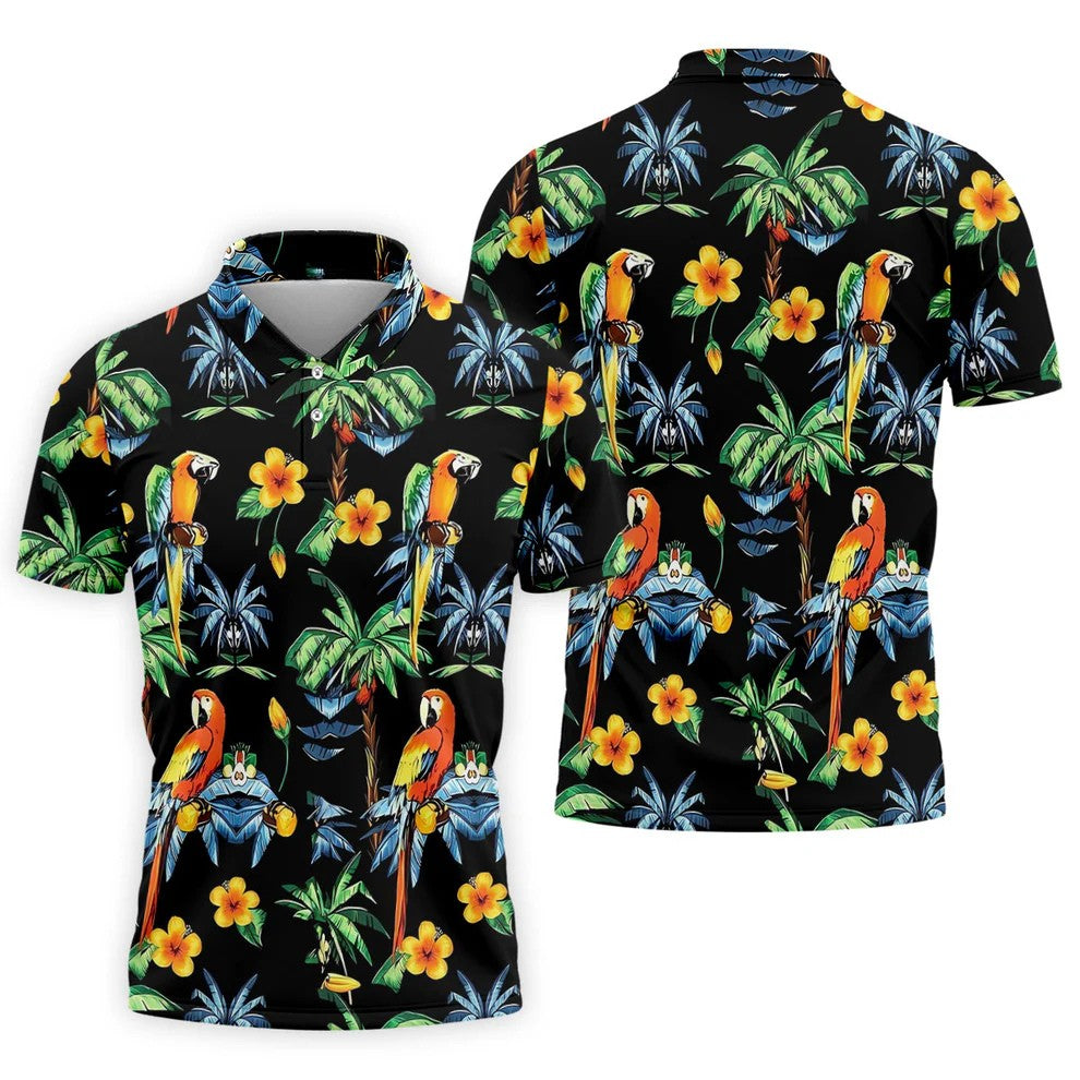 Black Tropical Parrot Palm Flower Pattern Golf Shirt, Men's Golf Shirt, Mens Polo Shirts, Hawaiian Golf Shirt