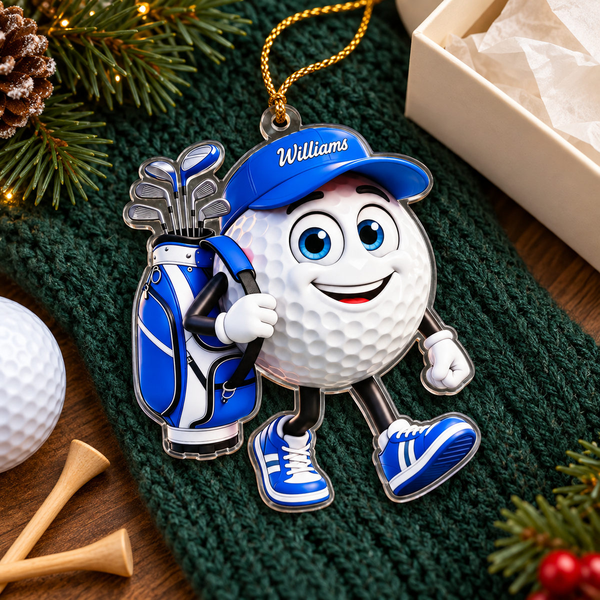 Custom Name Blue Walking Golf Ball Acrylic Ornament, Christmas Gifts, Golfer Gifts