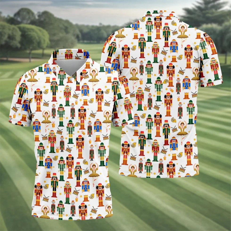 Nutcracker Christmas Golf Tops For Men, White Polo Shirt ??ns, Christmas Golf Shirt, Golfing Apparel