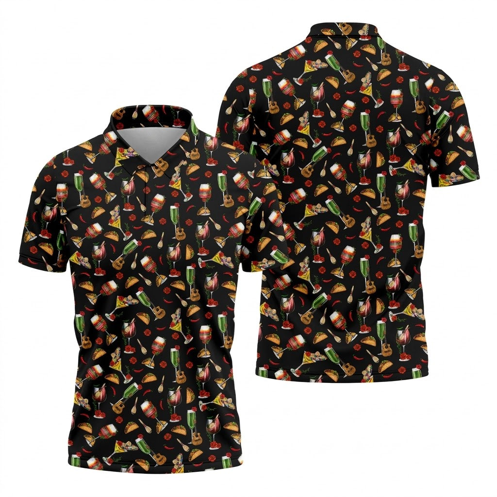Traditional Mexican Taco And Wine Golf Tops For Men, Cinco De Mayo Celebration Golf Shirts For Men