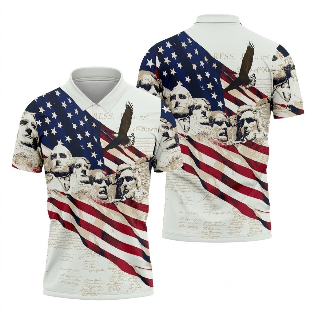Mount Rushmore American Flag Pattern 4th Of July Patriotic Golf Shirt, 250th Anniversary Golf Shirts For Men