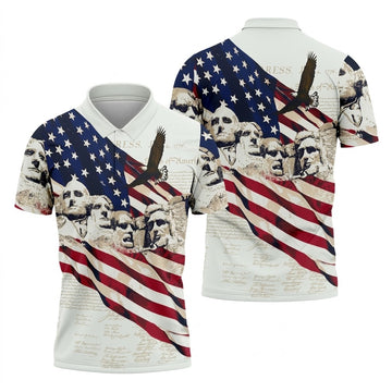 Mount Rushmore American Flag Pattern 4th Of July Patriotic Golf Shirt, 250th Anniversary Golf Shirts For Men