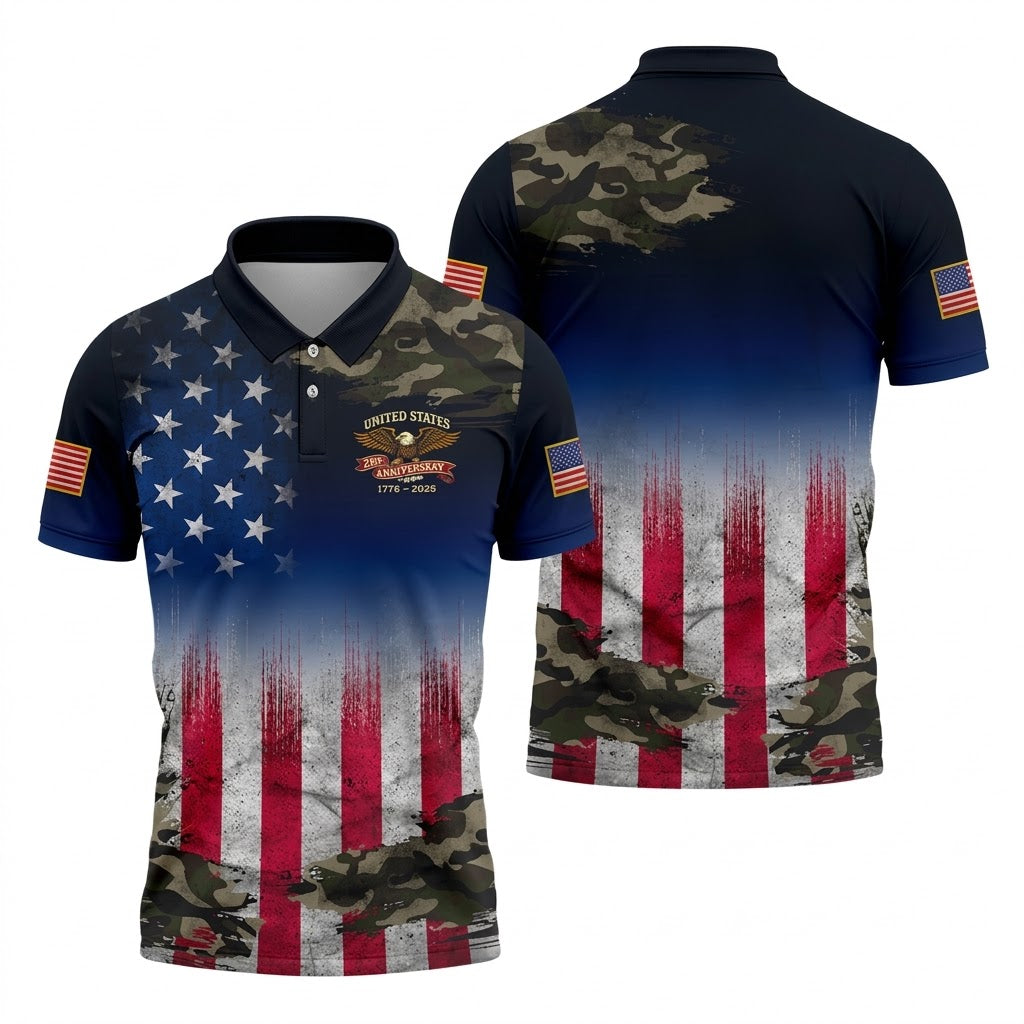 United States 250th Anniversary Camo Patriotic 4th Of July Golf Shirt, Distressed Flag Golf Shirts For Men