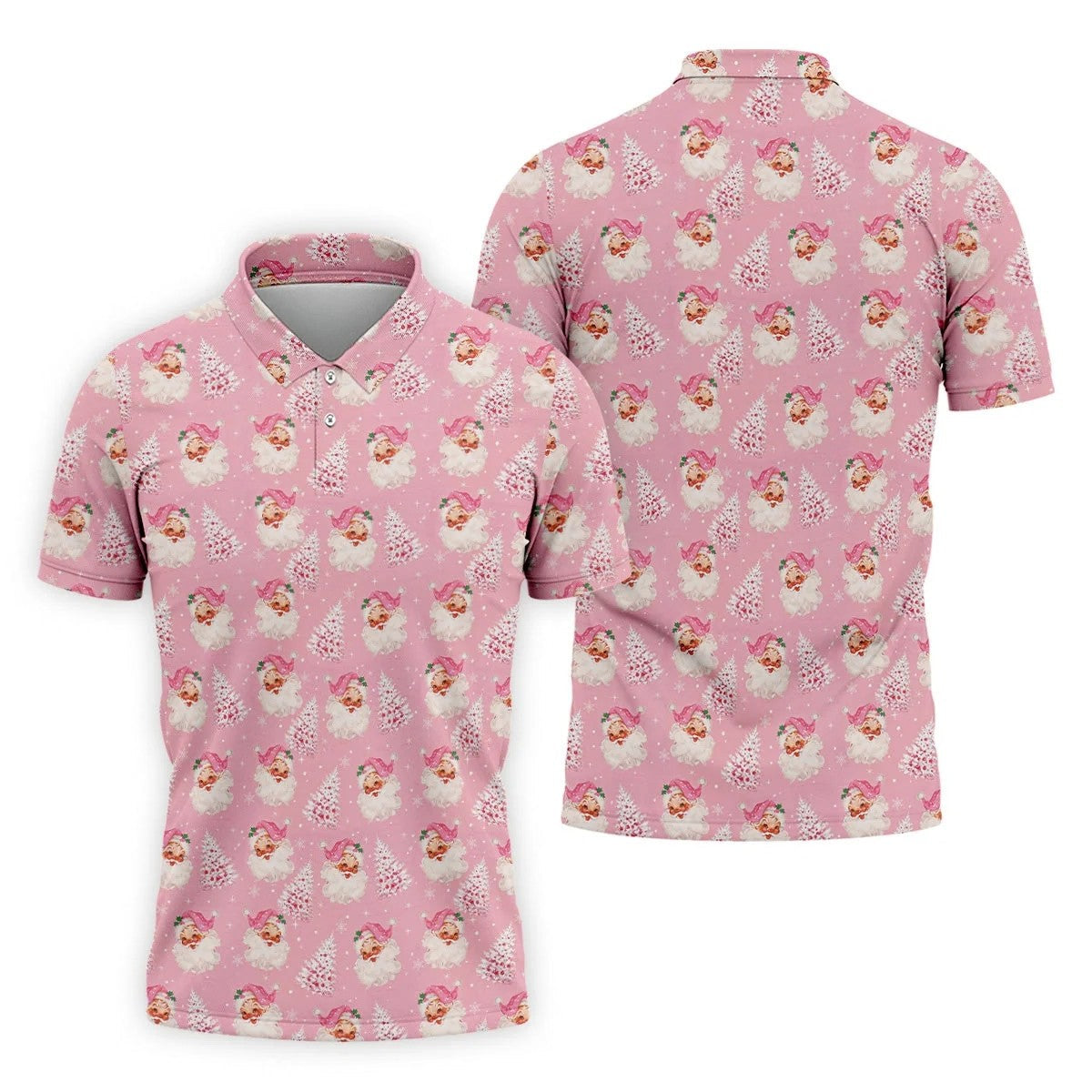Pink Xmas Tree Santa Claus Pattern Christmas Golf Shirt, Polo Shirts For Men, Golf Gift For Men