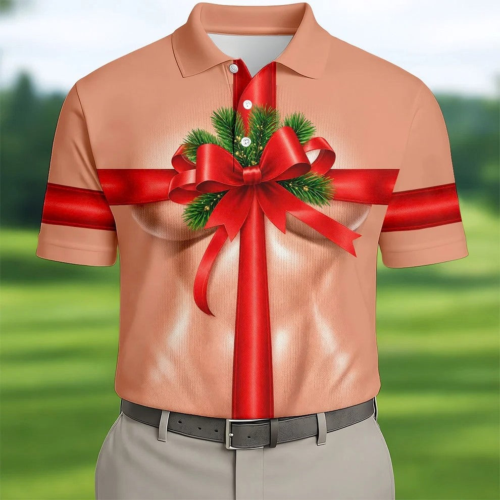 Christmas Red Bow Gift Golf Polo Shirt, Printed Golf Shirts, Polo Shirts For Men