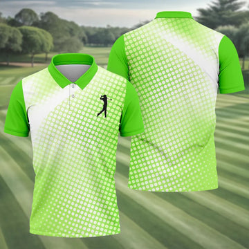 Green White Gradient Polka Dot Golf Shirt, Polo Shirts For Men, Golf Shirts For Men