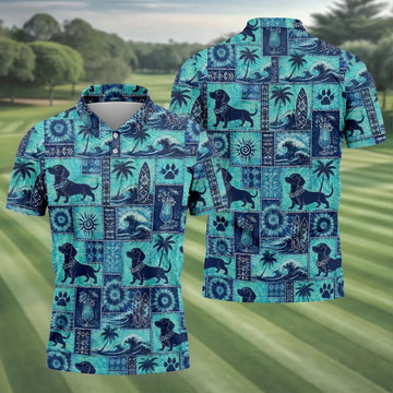 Funny Tropical Dog Surf Patchwork Golf Polo Shirt, Mens Golf Polo, Printed Golf Shirts
