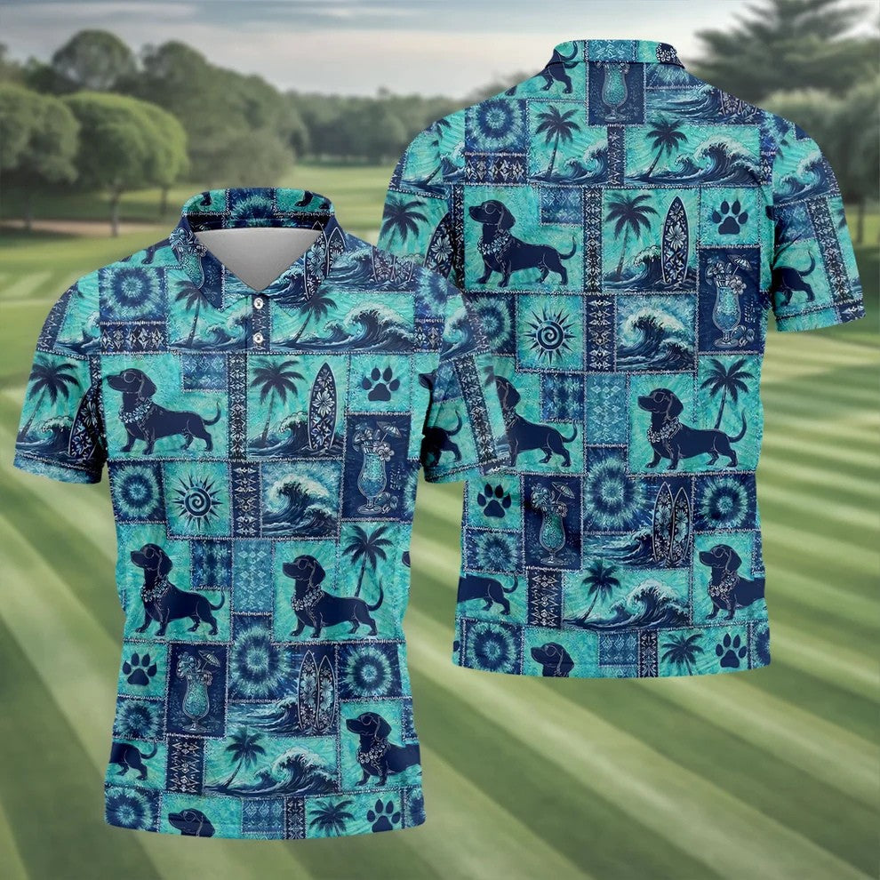Funny Tropical Dog Surf Patchwork Golf Polo Shirt, Mens Golf Polo, Printed Golf Shirts