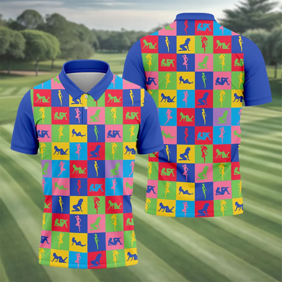 Colorful Pin Up Silhouette Pop Art Golf Polo Shirt, Men's Golf Shirt, Golf Shirts For Men