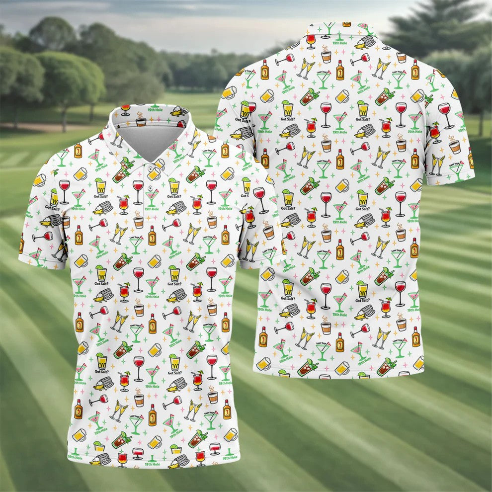 19th Hole Cocktail Drinks Pattern Golf Shirt, Mens Golf Polo, Printed Golf Shirts