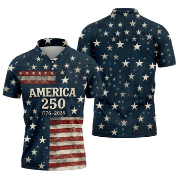 America 250 Distressed Flag 4th Of July Golf Shirt, Stars And Stripes Vintage Patriot Golf Shirts For Men