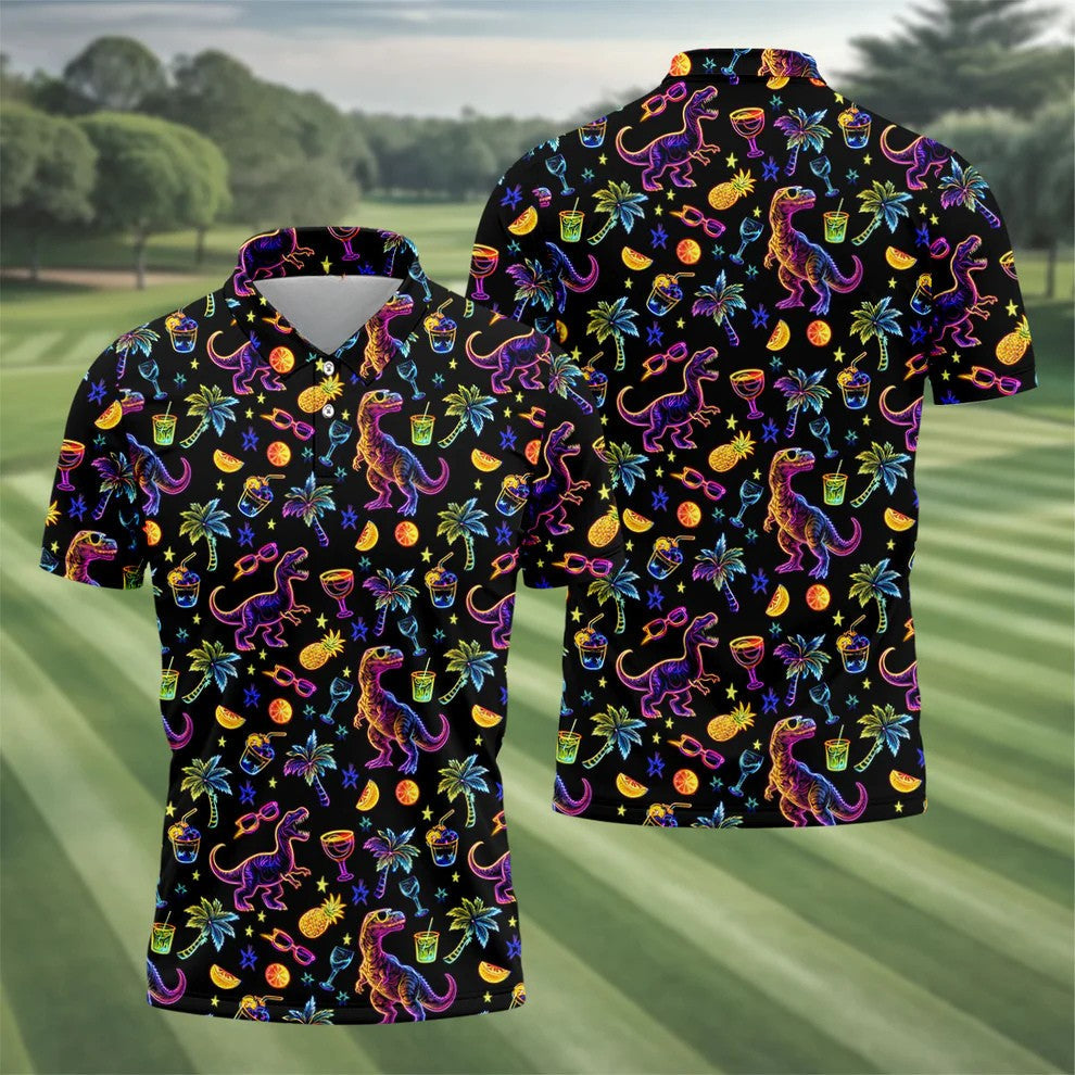 Neon Dinosaur Tropical Theme Hawaiian Golf Shirt, Polo Shirts For Men, Golfing Apparel