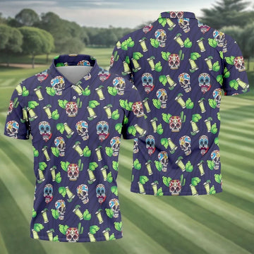 Day Of The Dead Sugar Skull Cactus Polo Shirt, Mens Golf Polo, Hawaiian Golf Shirt
