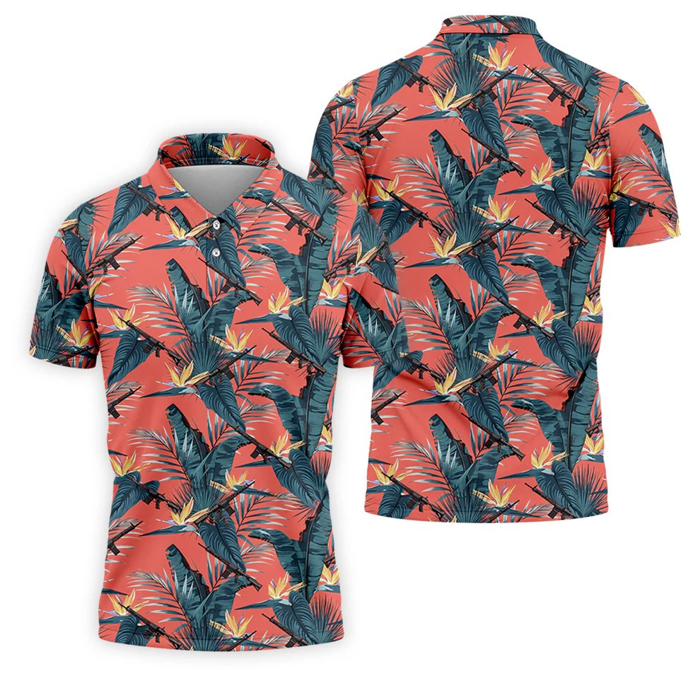 Tropical Palm Leaf And Rifle Pattern Coral Golf Polo, Printed Golf Shirts, Golf Apparel For Men