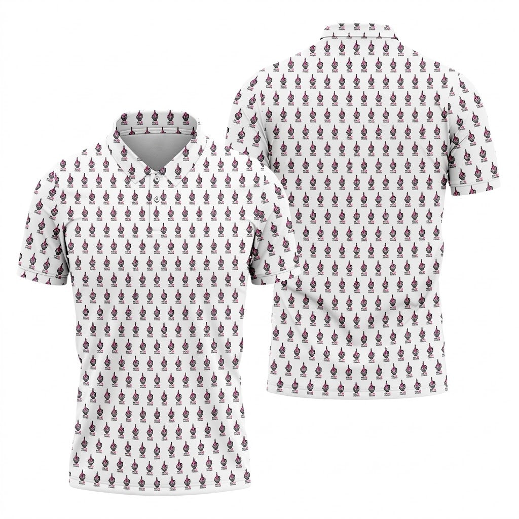 Funny Middle Finger Pink Ribbon Men's Golf Shirt, Breast Cancer Golf Shirt, Fun Golf Shirts For Men