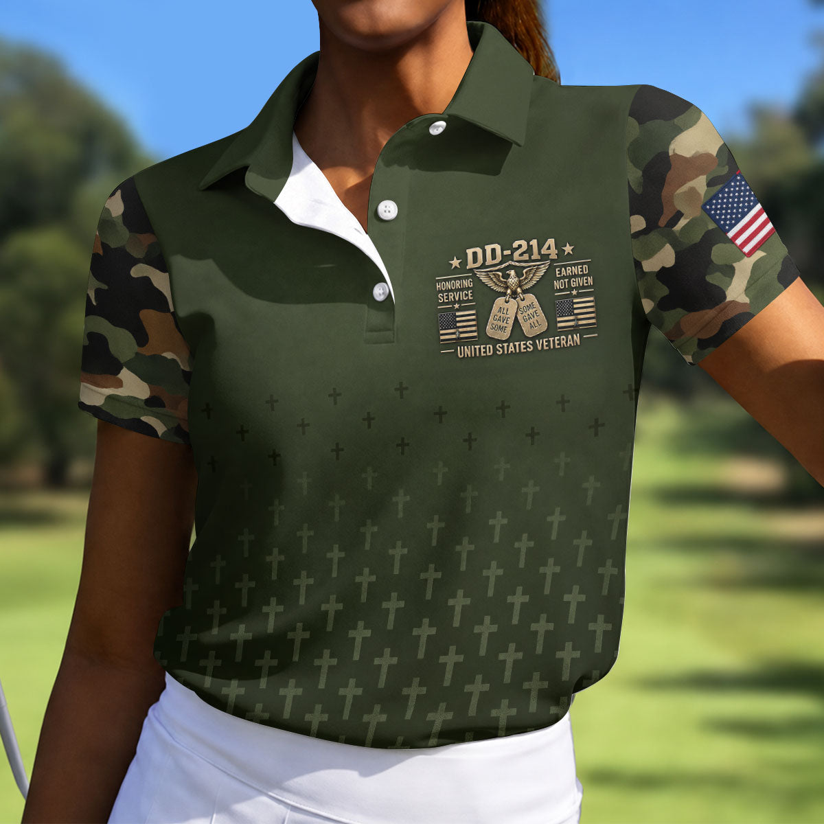 DD-214 Olive Green Cross Camo Polo Shirt, Golf Shirts For Women, Veterans Day Shirt
