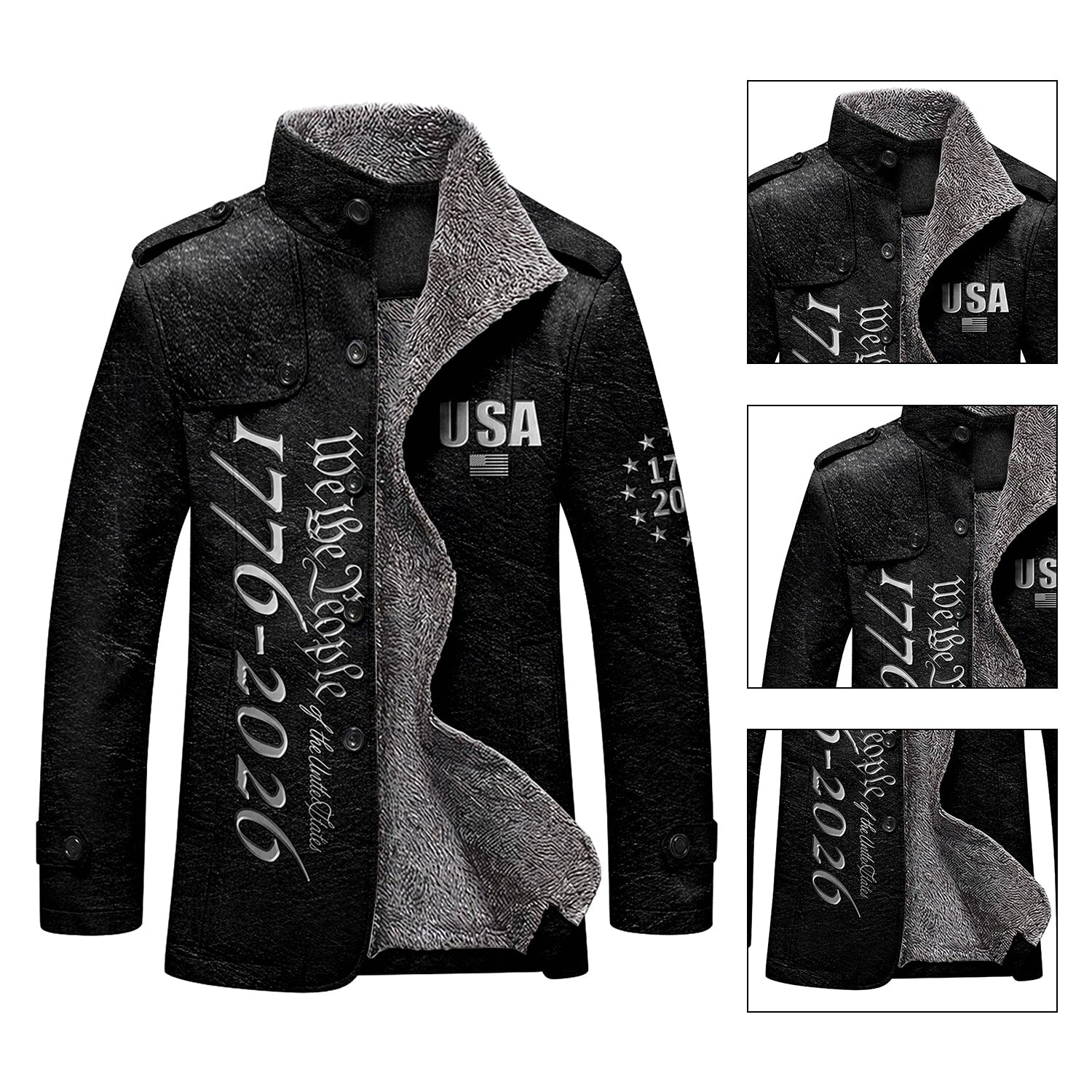 We The People 250 Years Silver Flag Men's Cold Premium Weather Jacket, Leather Trench Coat