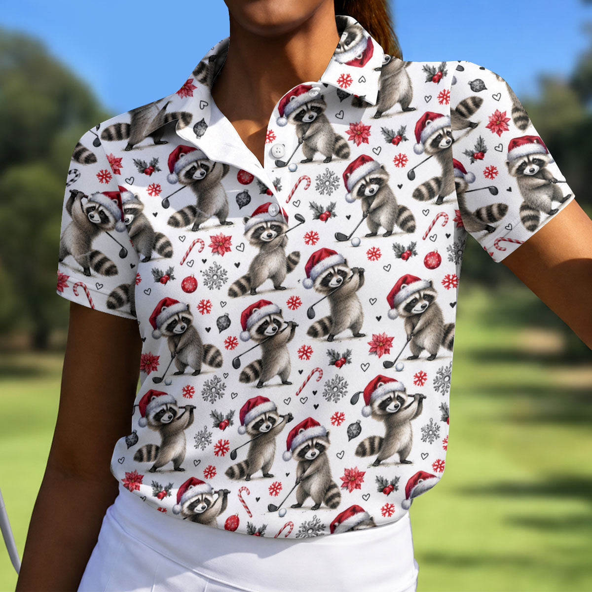 Christmas Raccoon Golfer Santa Hat Golf Polo Shirt, Ladies Golf Shirts, Golf Polo For Women