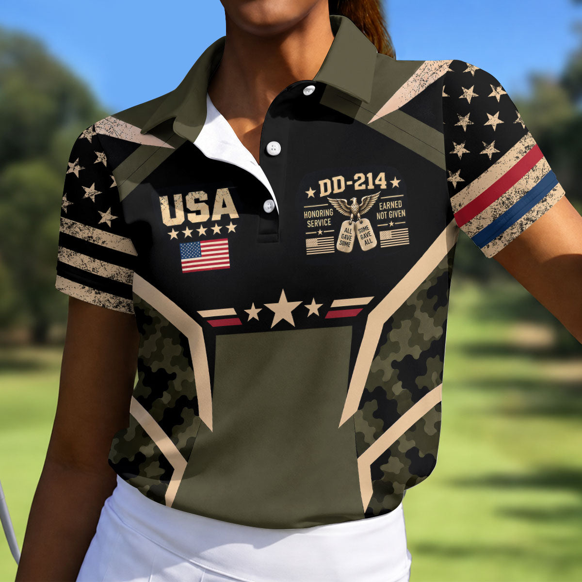 DD-214 USA Stars Camo Golf Polo Shirt, Womens Golf Shirts, Veterans Day Golf Shirt