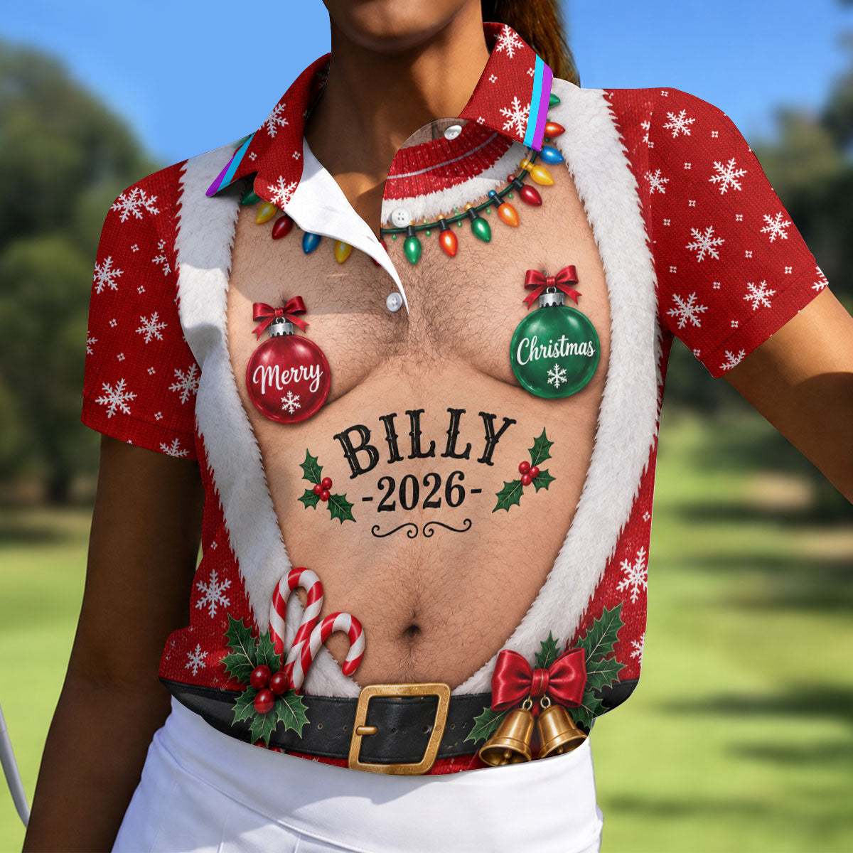 Funny Merry Christmas Custom Name Polo Shirt, Ladies Golf Tops, Golf Shirts For Women