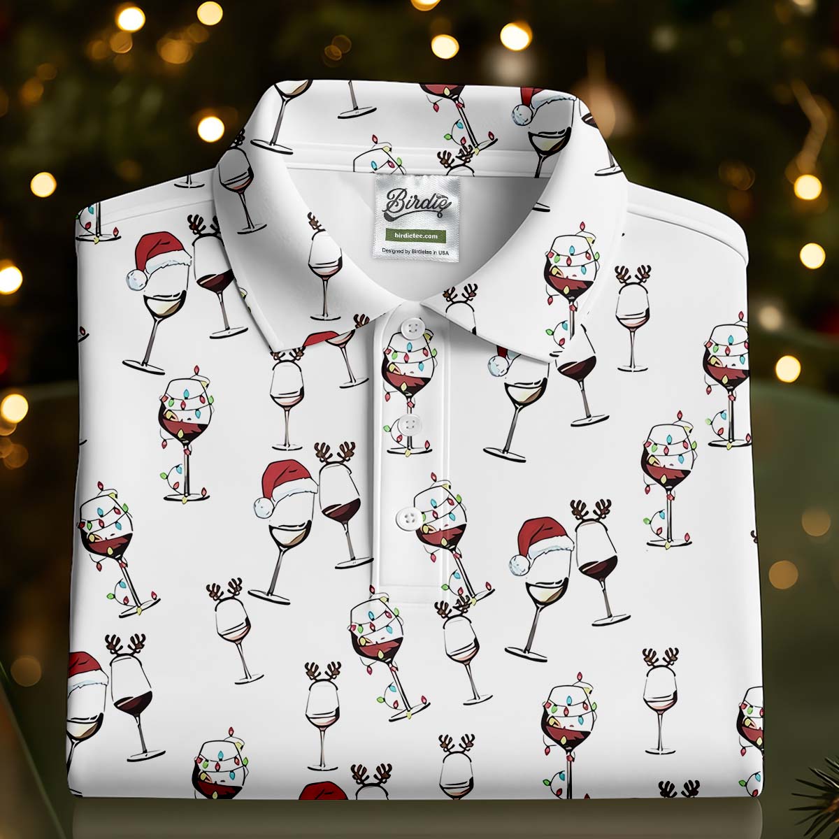 Christmas Wine Glass With Colorful Lighting White Golf Shirt, Christmas Golf Shirt, Women's Golf Tops