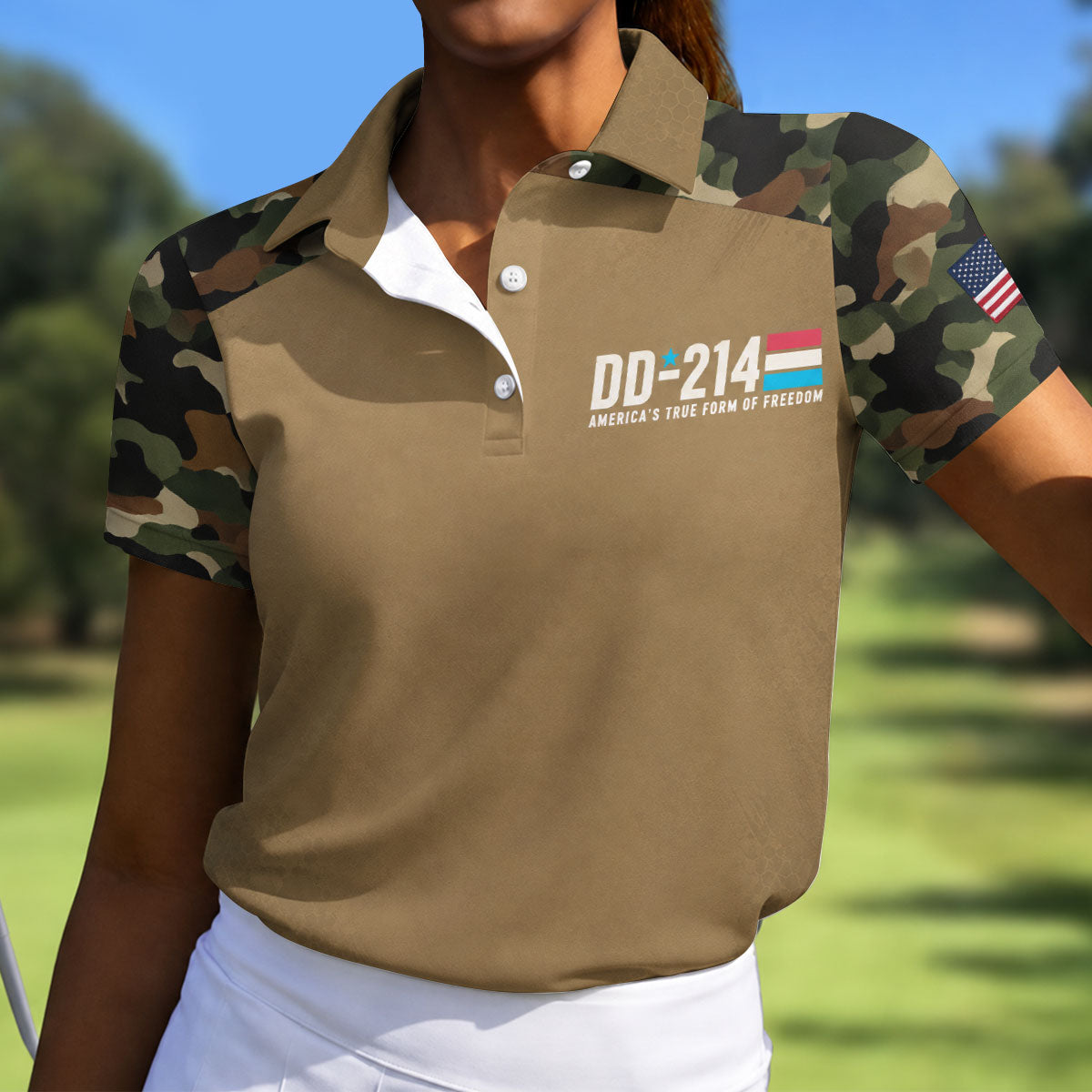 DD-214 Tan Camo Freedom Polo Shirt, Golf Tops For Women, Veterans Day Golf Shirt