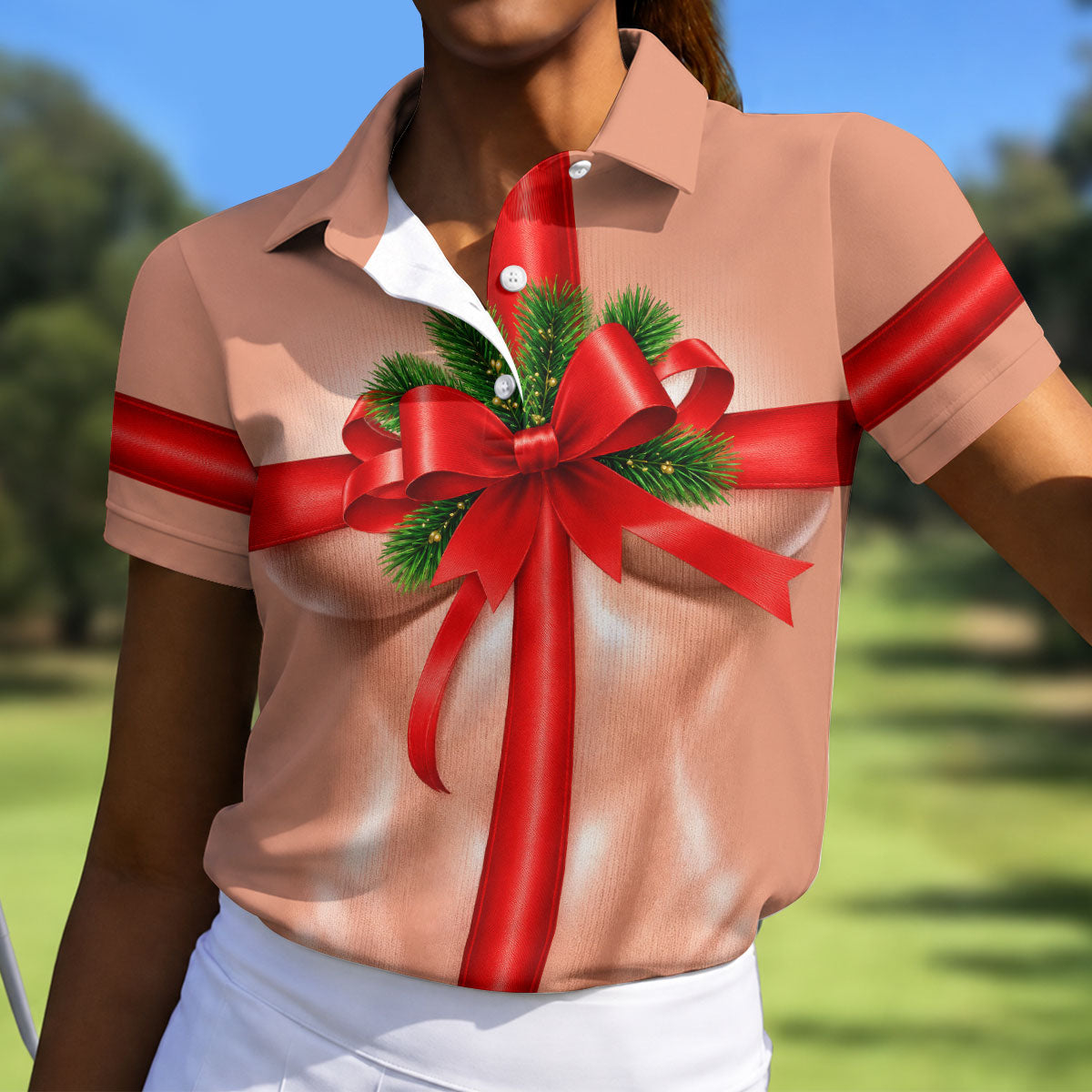 Christmas Red Bow Gift Golf Polo Shirt, Ladies Golf Shirts, Golf Shirts For Women